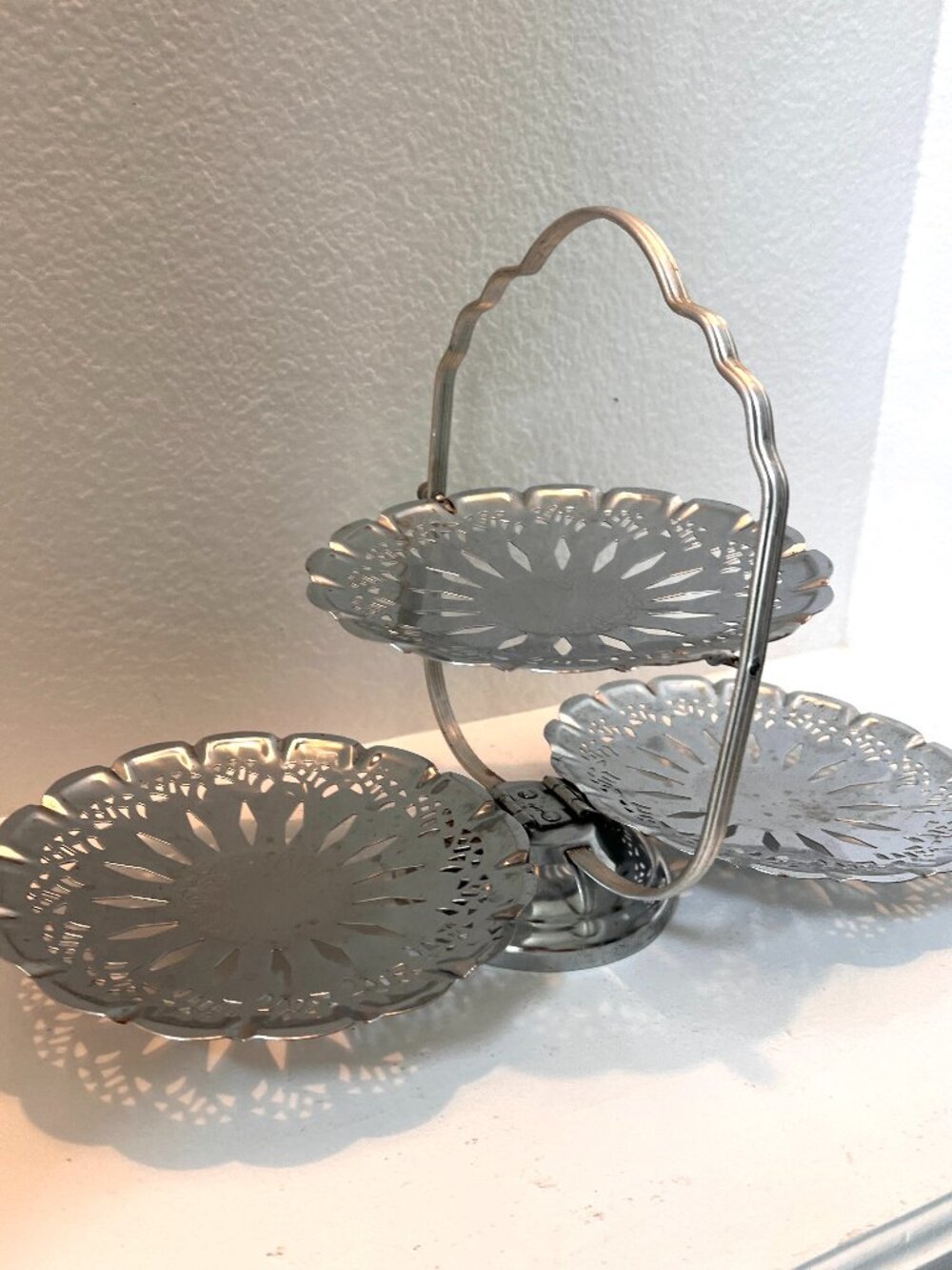 Vintage Tea Tray Serving Stand – Folding  Metal Lace Serving Stand